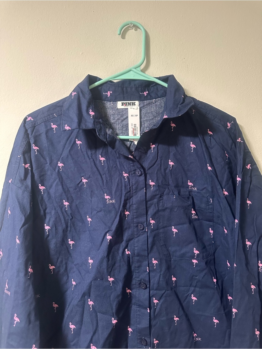 PINK Victoria's Secret Navy Shirt with Pink Flamingo Print